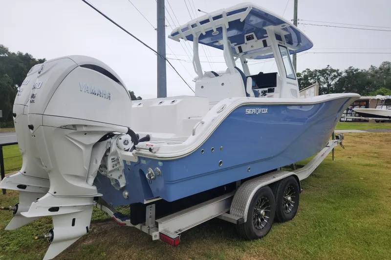 Black Label Marine Yacht Photos Pics 2026 Sea Fox 288 Commander boat with Yamaha engines on a trailer.