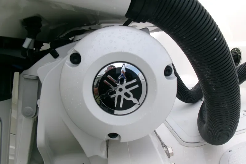 Black Label Marine Yacht Photos Pics Close-up of 2026 Sea Fox 288 Commander boat engine component with logo.