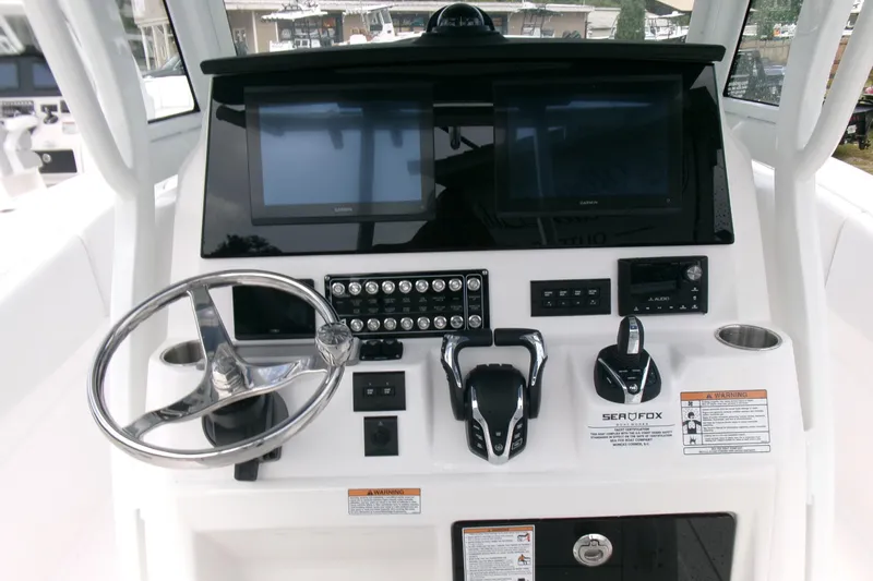 Black Label Marine Yacht Photos Pics Helm of 2026 Sea Fox 288 Commander with dual screens and controls.