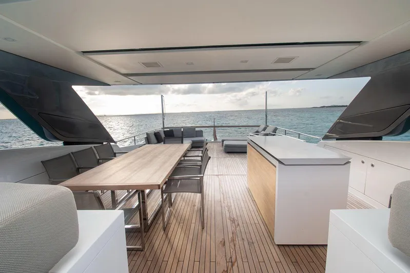 Muma Yacht Photos Pics Luxurious 2016 Sanlorenzo SL96 yacht deck with elegant seating and ocean view.