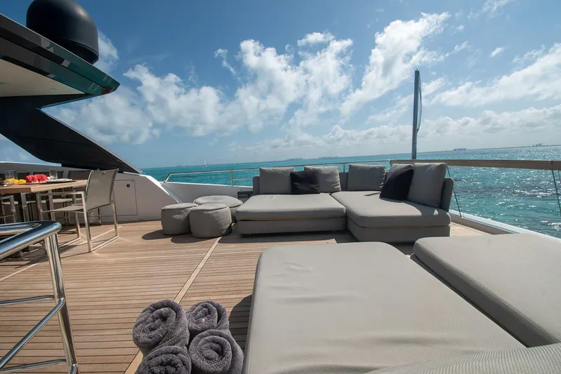 Muma Yacht Photos Pics Luxurious 2016 Sanlorenzo SL96 yacht deck with seating, ocean view, and clear skies.