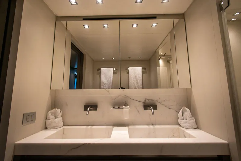 Muma Yacht Photos Pics Luxurious bathroom with dual sinks on Sanlorenzo SL96 yacht, 2016 model.