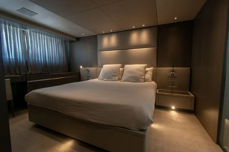 Muma Yacht Photos Pics Luxurious bedroom interior on 2016 Sanlorenzo SL96 yacht, featuring modern design and ambient lighting.
