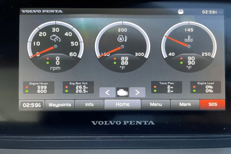  Yacht Photos Pics Volvo Penta engine display on 2021 Galeon 640 FLY BRIDGE, showing gauges and system status.