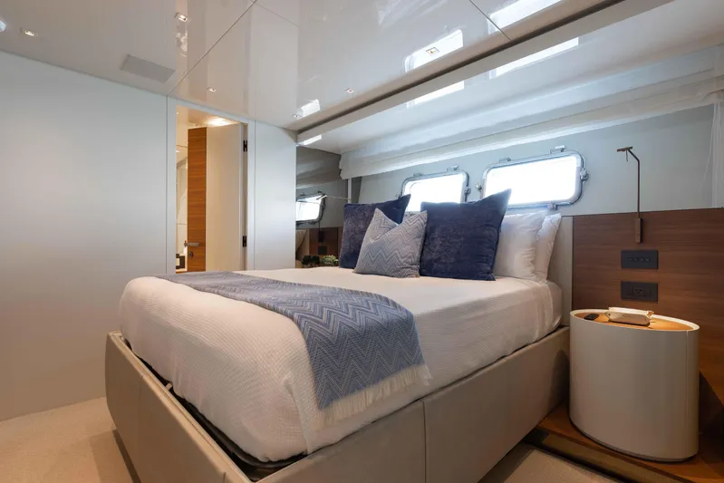 Chameleon Yacht Photos Pics Luxurious bedroom interior of 2024 Sanlorenzo SL90A yacht with modern design elements.