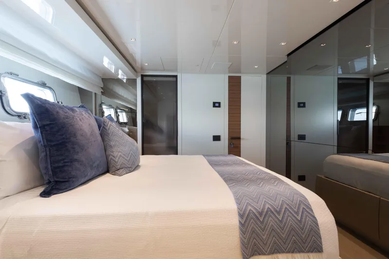 Chameleon Yacht Photos Pics Luxurious bedroom interior of 2024 Sanlorenzo SL90A yacht with elegant bedding and modern design.