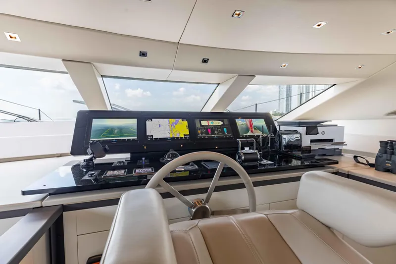 Chameleon Yacht Photos Pics Modern helm station of 2024 Sanlorenzo SL90A yacht with advanced navigation displays.