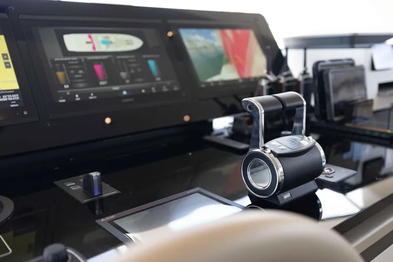 Chameleon Yacht Photos Pics Control panel of 2024 Sanlorenzo SL90A yacht with advanced navigation displays.