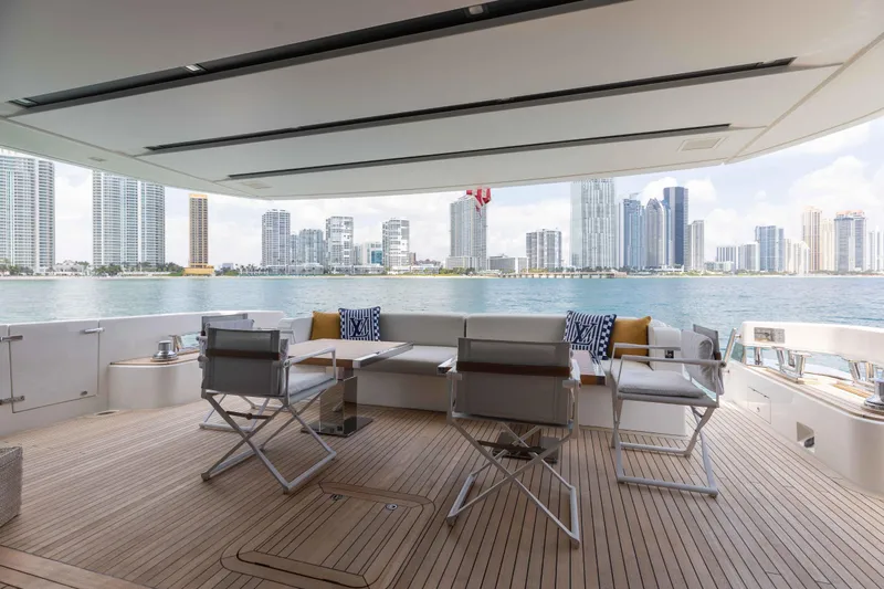 Chameleon Yacht Photos Pics Luxurious 2024 Sanlorenzo SL90A yacht deck with city skyline view.