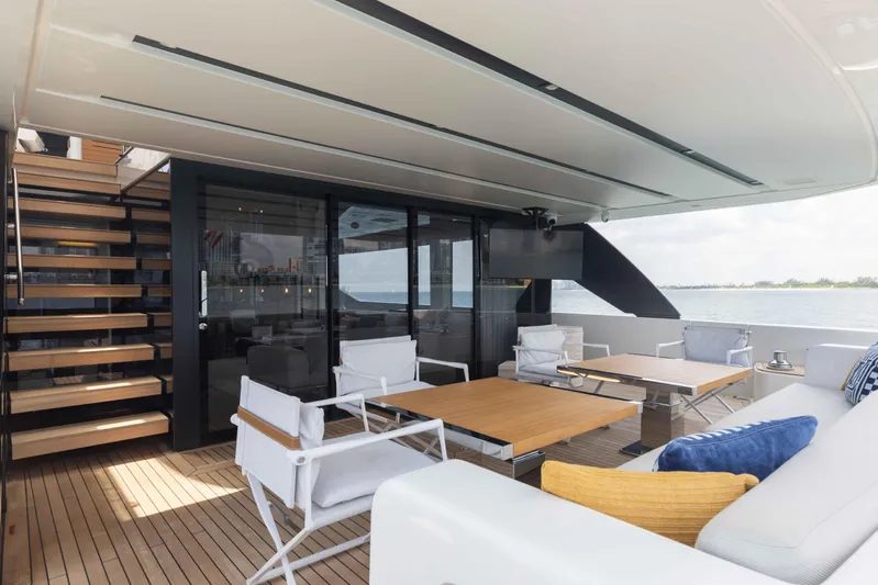 Chameleon Yacht Photos Pics Luxurious 2024 Sanlorenzo SL90A yacht deck with modern seating and ocean view.
