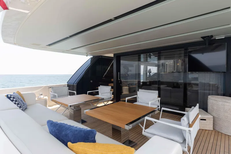 Chameleon Yacht Photos Pics Luxurious 2024 Sanlorenzo SL90A yacht deck with modern seating and ocean view.