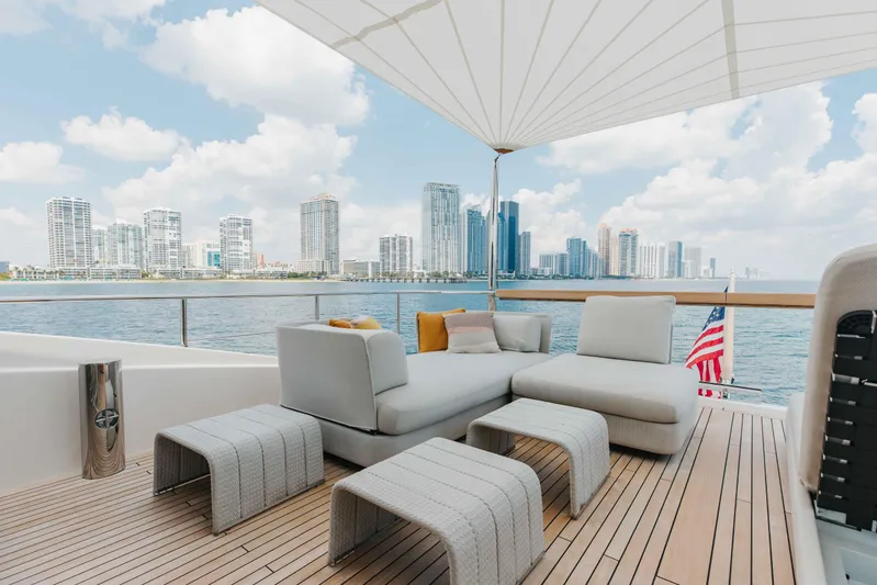 Chameleon Yacht Photos Pics Luxurious 2024 Sanlorenzo SL90A yacht deck with modern seating, city skyline view.