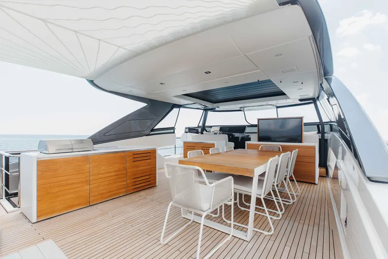 Chameleon Yacht Photos Pics Luxurious 2024 Sanlorenzo SL90A yacht deck with dining area and modern amenities.