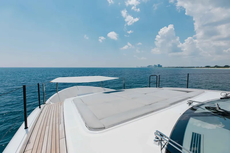 Chameleon Yacht Photos Pics Luxurious 2024 Sanlorenzo SL90A yacht deck with ocean view and clear skies.