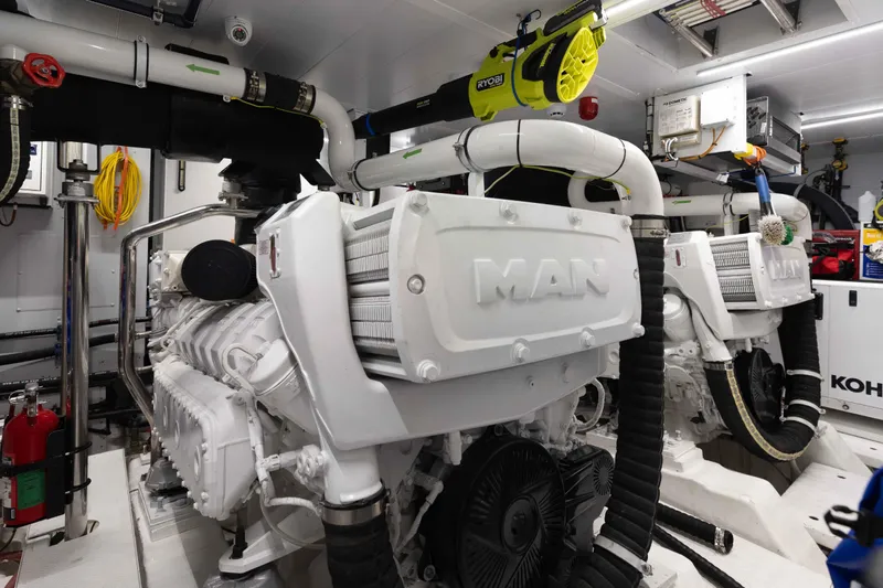 Chameleon Yacht Photos Pics Engine room of 2024 Sanlorenzo SL90A yacht with MAN engines and Kohler generator.