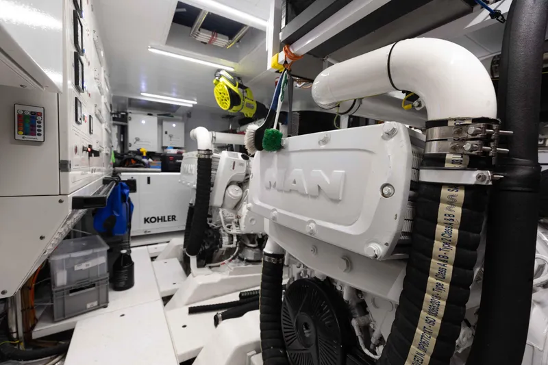 Chameleon Yacht Photos Pics Engine room of 2024 Sanlorenzo SL90A yacht with MAN and Kohler equipment.
