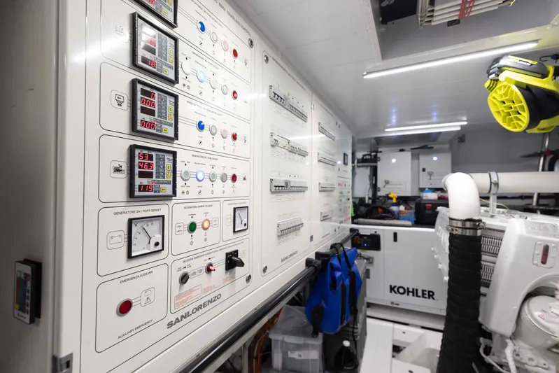 Chameleon Yacht Photos Pics Control room of 2024 Sanlorenzo SL90A yacht with Kohler generator and control panels.