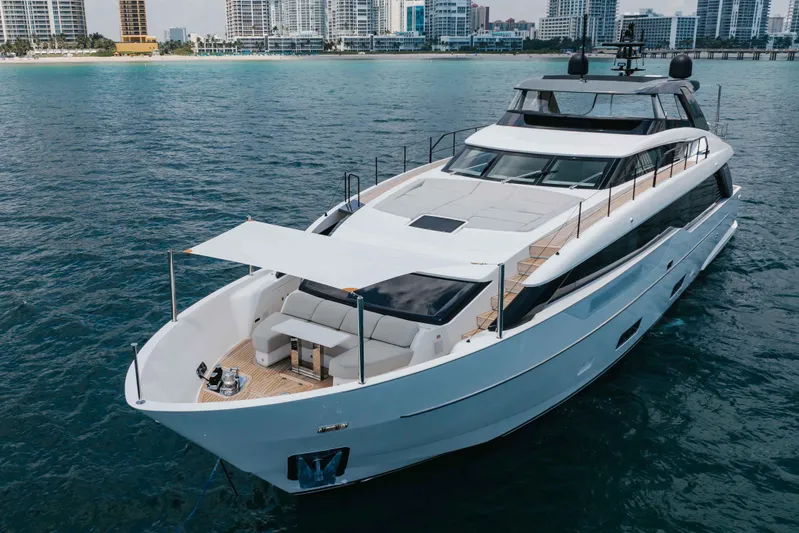 Chameleon Yacht Photos Pics 2024 Sanlorenzo SL90A yacht on water, showcasing sleek design and luxury features.