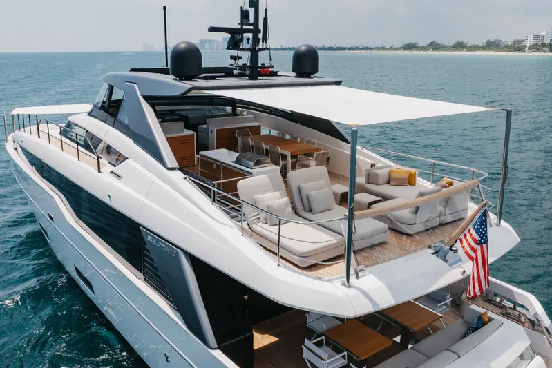 Chameleon Yacht Photos Pics Luxurious 2024 Sanlorenzo SL90A yacht with spacious deck and elegant seating on the ocean.