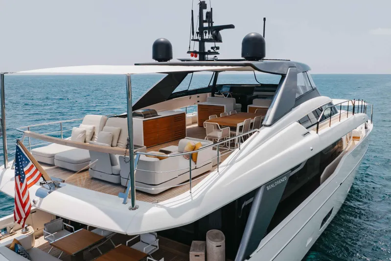 Chameleon Yacht Photos Pics Luxurious 2024 Sanlorenzo SL90A yacht with spacious deck and elegant design on open sea.