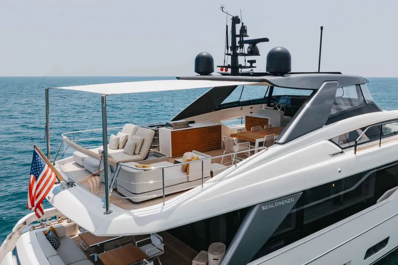 Chameleon Yacht Photos Pics Luxurious 2024 Sanlorenzo SL90A yacht with spacious deck and elegant design on open sea.