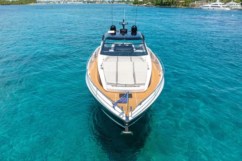  Yacht Photos Pics 2024 Sunseeker Superhawk 55 yacht on clear blue water, aerial view.