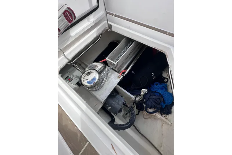 No Name Yacht Photos Pics Storage compartment of 2024 Pardo Yachts P38 with anchor chain and ropes.