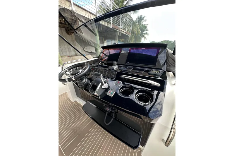 No Name Yacht Photos Pics 2024 Pardo Yachts P38 helm with modern controls and dual screens.