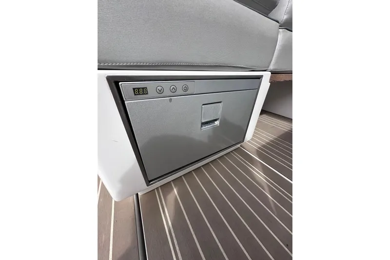 No Name Yacht Photos Pics 2024 Pardo Yachts P38 interior detail with built-in control panel and seating.