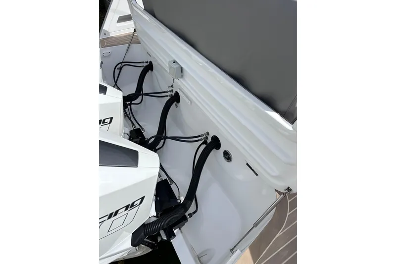No Name Yacht Photos Pics 2024 Pardo Yachts P38 engine compartment with modern wiring and components.