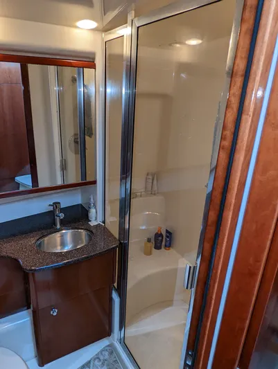 Lady C Yacht Photos Pics Bathroom interior of 2011 Meridian 341 Sedan with shower and sink.