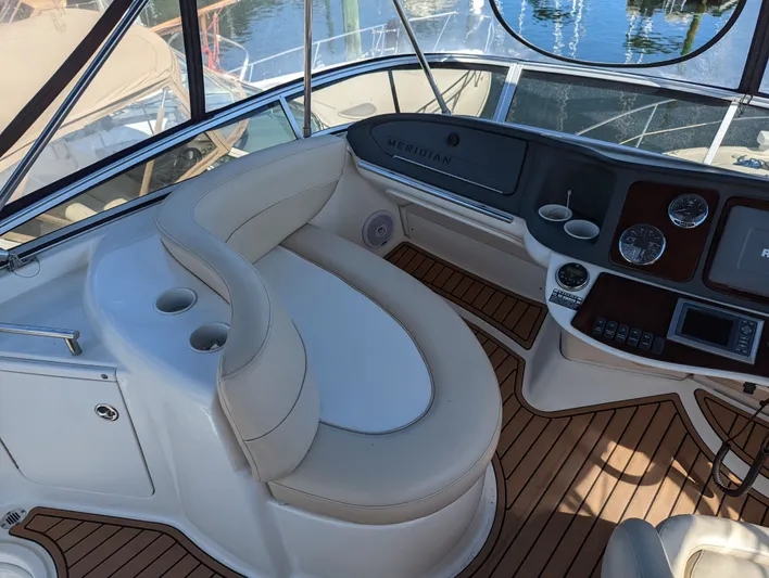 Lady C Yacht Photos Pics 2011 Meridian 341 Sedan interior with plush seating and modern dashboard controls.