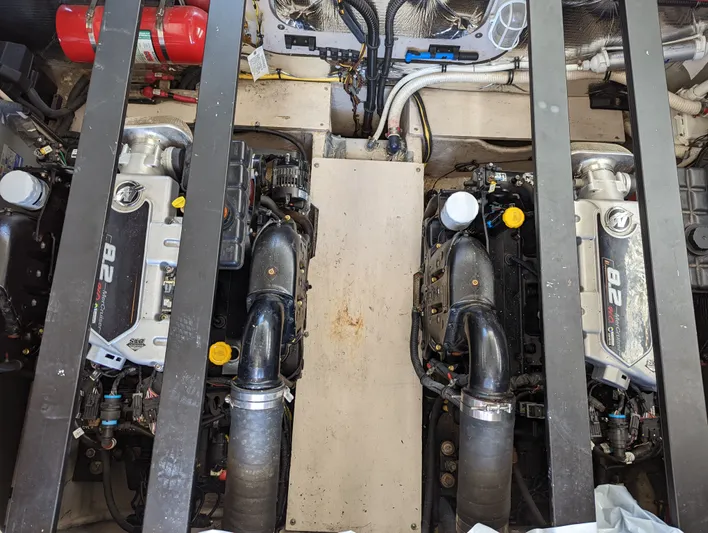 Lady C Yacht Photos Pics Engine compartment of a 2011 Meridian 341 Sedan with twin 8.2L engines.