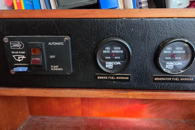 Pemaquid Yacht Photos Pics Control panel of a 1998 Oyster 485 Deck Saloon with fuel and bilge pump indicators.