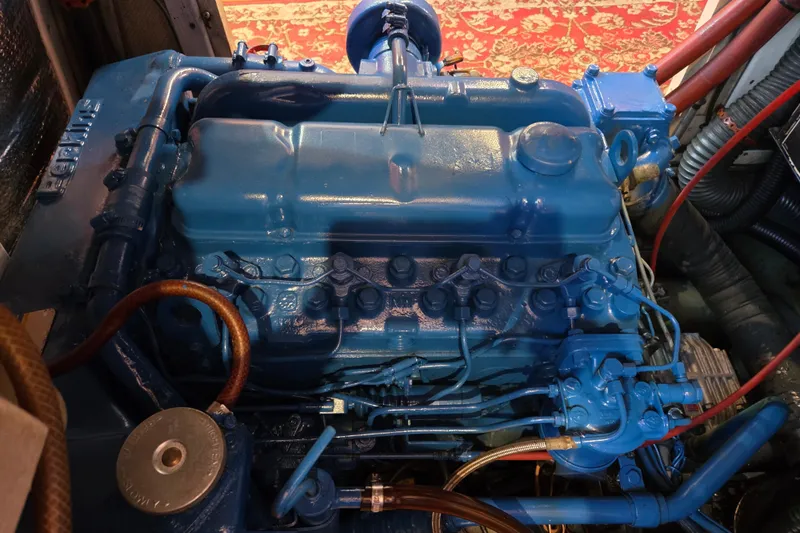 Pemaquid Yacht Photos Pics Blue engine of a 1998 Oyster 485 Deck Saloon yacht, detailed view.
