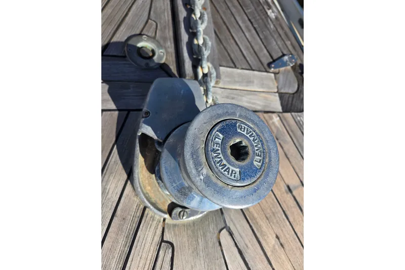 Pemaquid Yacht Photos Pics Anchor windlass on 1998 Oyster 485 Deck Saloon yacht deck.