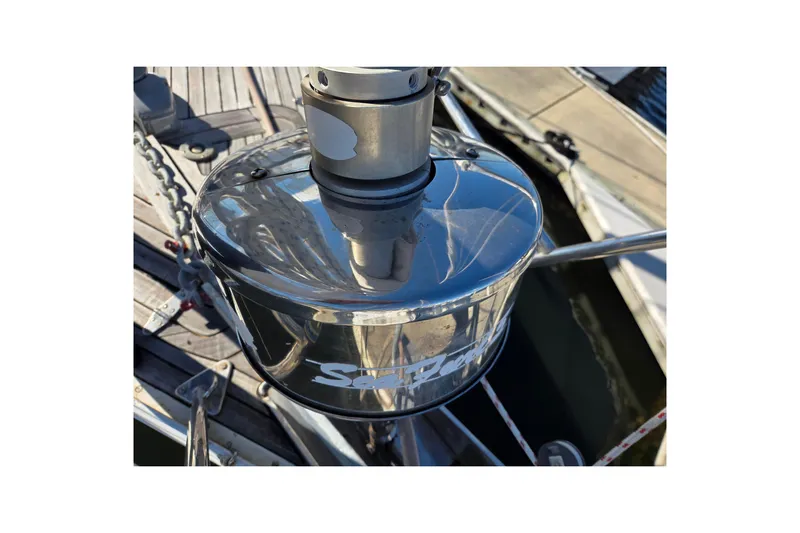 Pemaquid Yacht Photos Pics Close-up of a 1998 Oyster 485 Deck Saloon yacht's polished metal fitting.