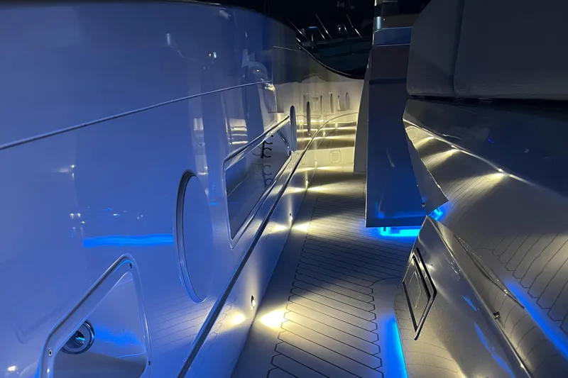  Yacht Photos Pics 2023 Canados 493 Gladiator yacht interior with ambient blue lighting.