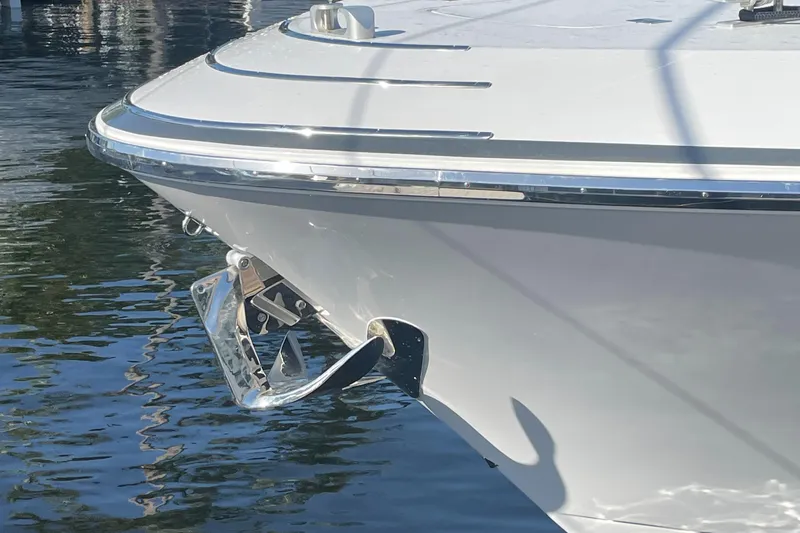  Yacht Photos Pics 2023 Canados 493 Gladiator yacht bow with anchor in water.