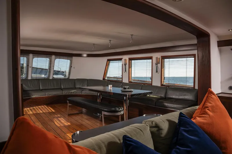 La Fenice Yacht Photos Pics Interior of a 1962 Laurent Giles yacht with elegant leather seating.