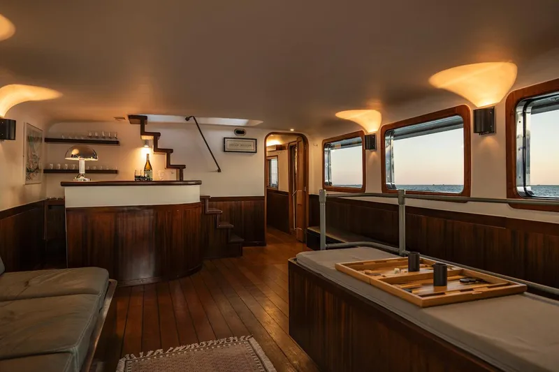 La Fenice Yacht Photos Pics Interior of a 1962 Laurent Giles yacht with wooden decor.