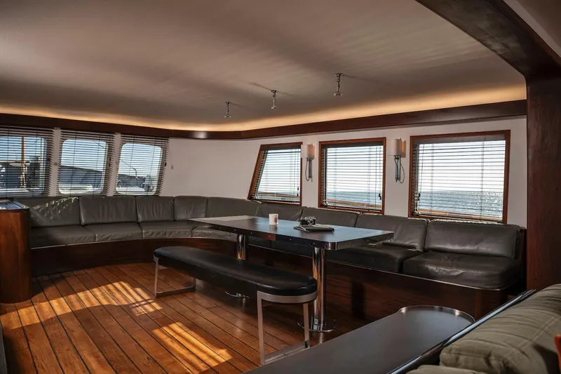 La Fenice Yacht Photos Pics Interior of 1962 Laurent Giles TSDMY yacht with elegant leather seating.