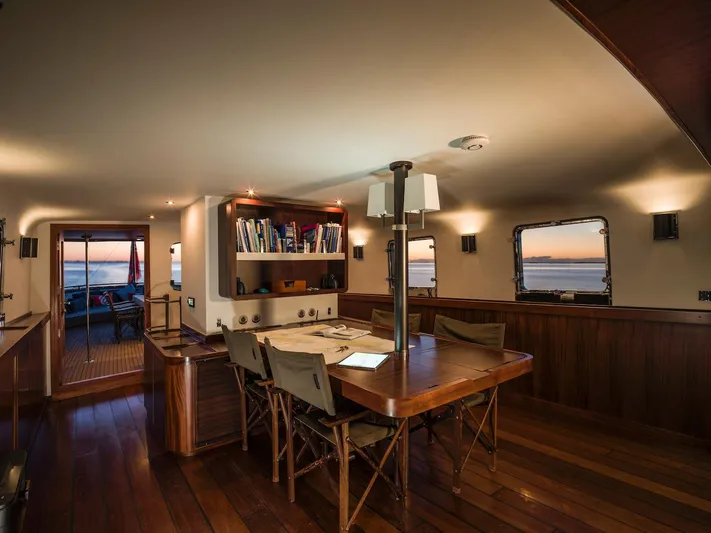 La Fenice Yacht Photos Pics Interior of 1962 Laurent Giles TSDMY yacht with wooden furnishings.