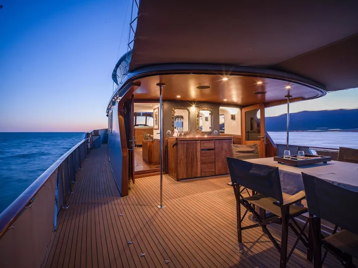 La Fenice Yacht Photos Pics Luxurious Laurent Giles yacht, 1962 model, at sunset on the sea.