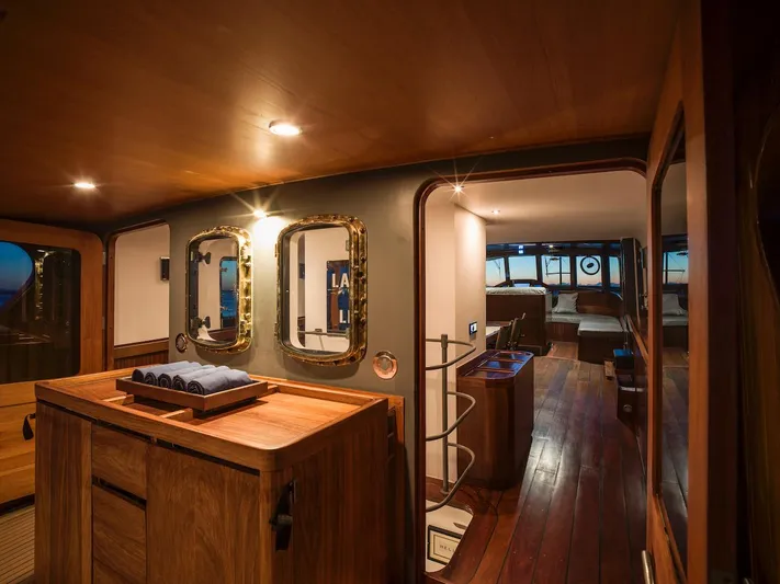 La Fenice Yacht Photos Pics Interior of a 1962 Laurent Giles yacht with wooden furnishings.