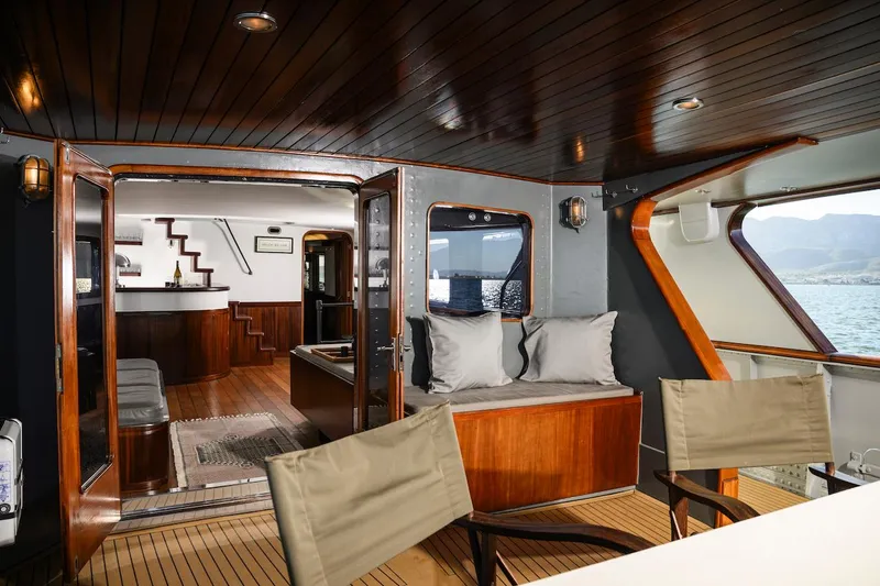 La Fenice Yacht Photos Pics Interior of a 1962 Laurent Giles yacht with wooden decor.