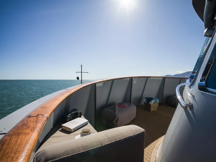 La Fenice Yacht Photos Pics Deck of 1962 Laurent Giles TSDMY motor yacht under sunny sky.