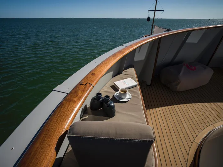 La Fenice Yacht Photos Pics Luxury yacht deck with binoculars and coffee, Laurent Giles 1962.