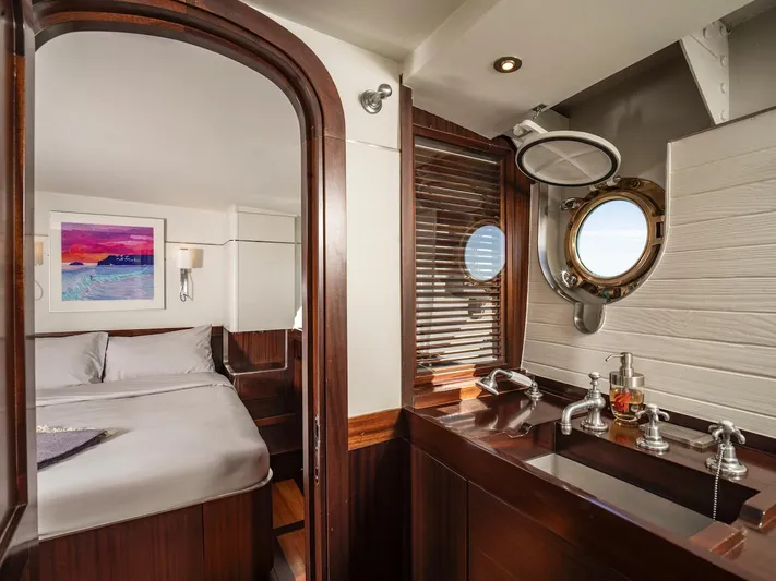 La Fenice Yacht Photos Pics 1962 Laurent Giles yacht interior with wooden finish.