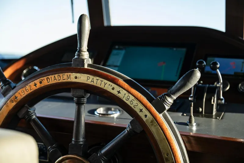 La Fenice Yacht Photos Pics 1962 Laurent Giles yacht helm with navigation instruments.